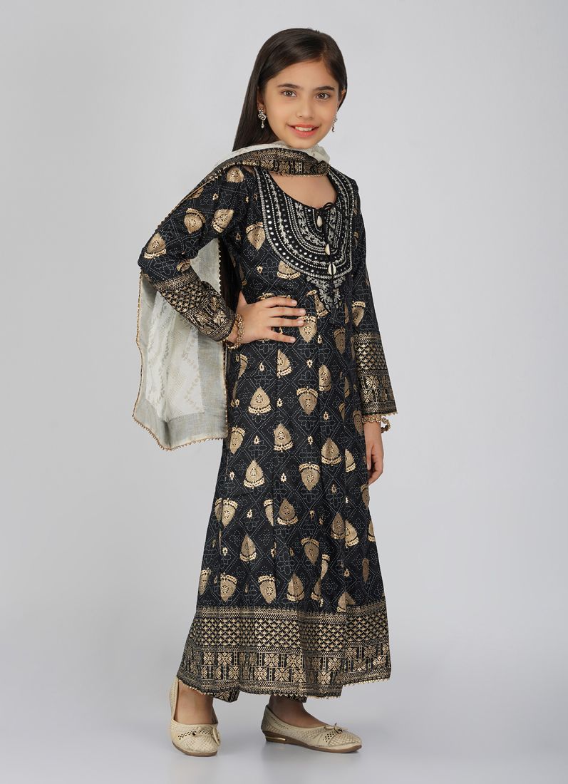 Buy Kids Black Rayon Anarkali Suit Set