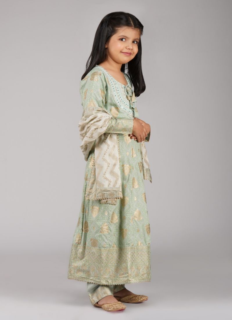 Buy Kids Mint Green Rayon Anarkali Suit Set