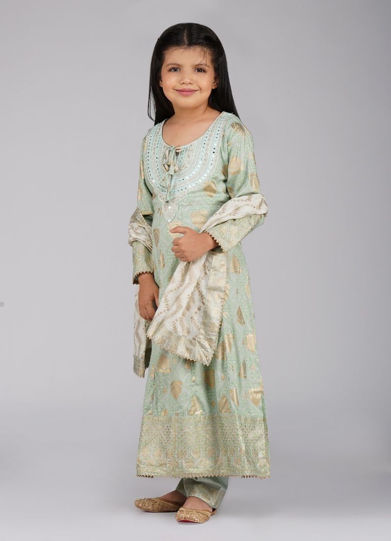 Buy Kids Mint Green Rayon Anarkali Suit Set