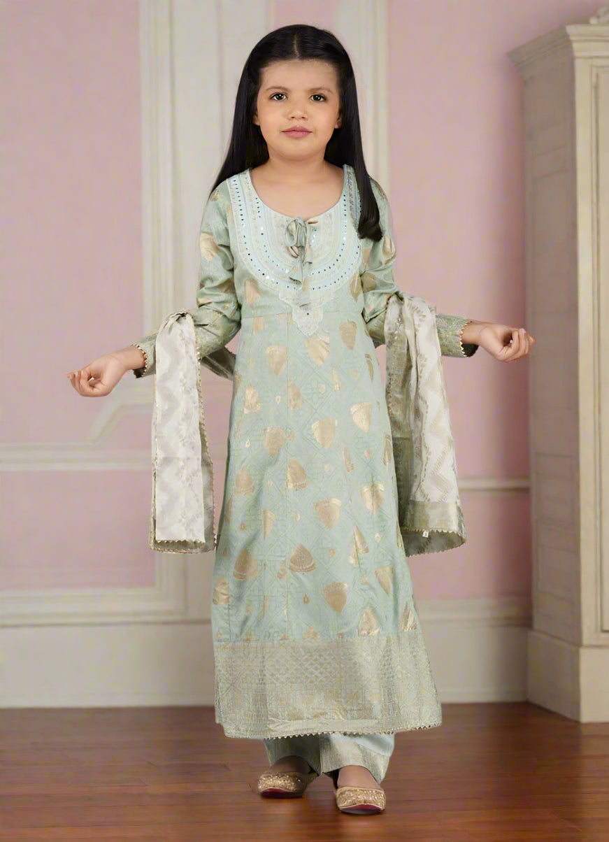 Buy Kids Mint Green Rayon Anarkali Suit Set
