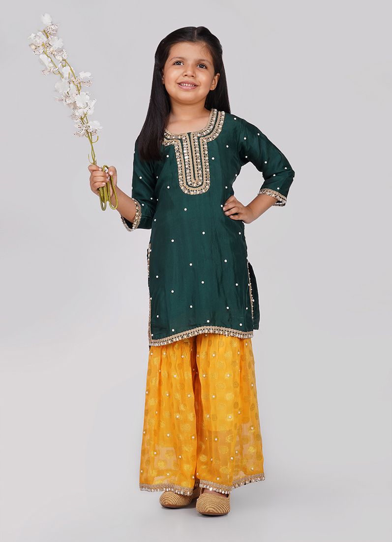 Buy Kids Green Silk Top Multicoloured Embroidered Dupatta Suit Set
