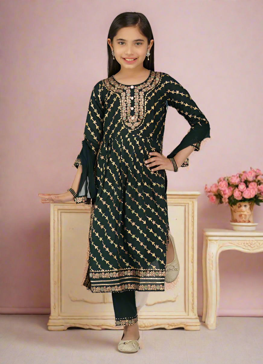 Buy Kids Green Foil Print Rayon Naira Cut Suit Set