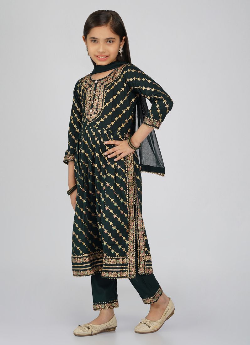 Buy Kids Green Foil Print Rayon Naira Cut Suit Set