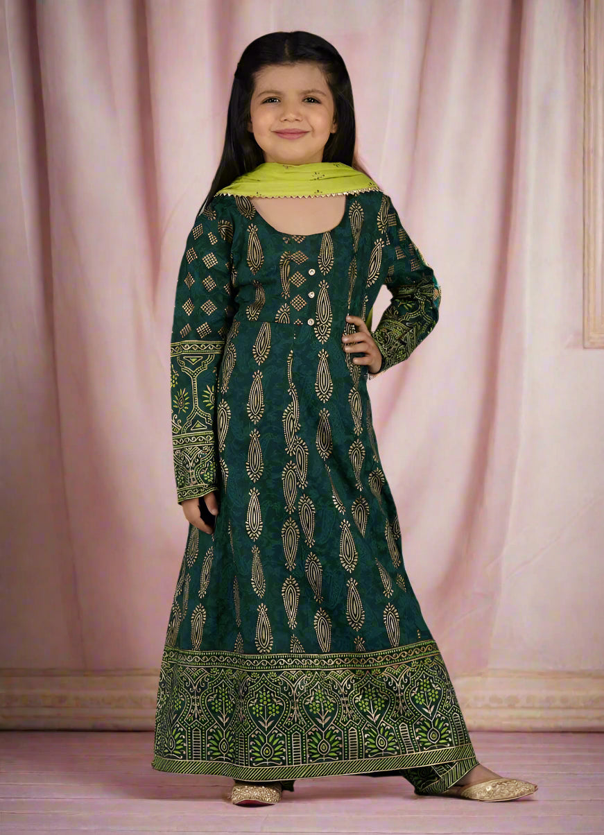 Buy Kids Green Cotton Foil Printed A-line Suit Set