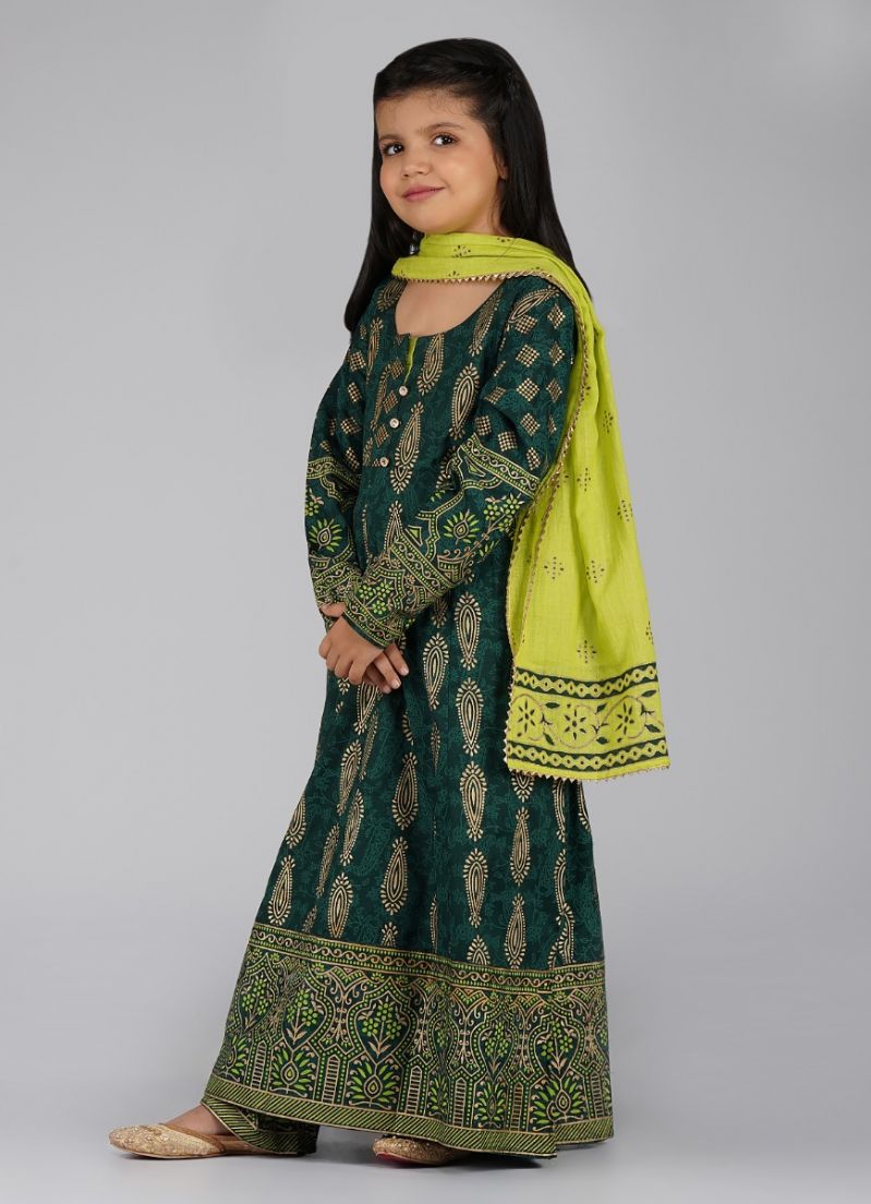 Buy Kids Green Cotton Foil Printed A-line Suit Set