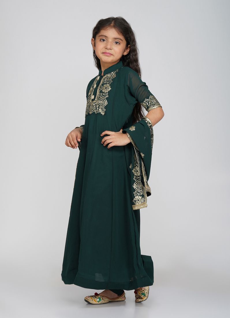 Buy Kids Dark Green Bias Cut Embroidery Suit Set