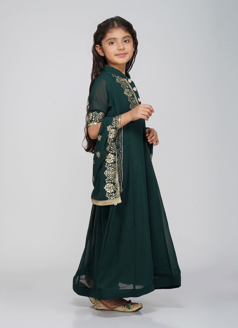 Buy Kids Dark Green Bias Cut Embroidery Suit Set