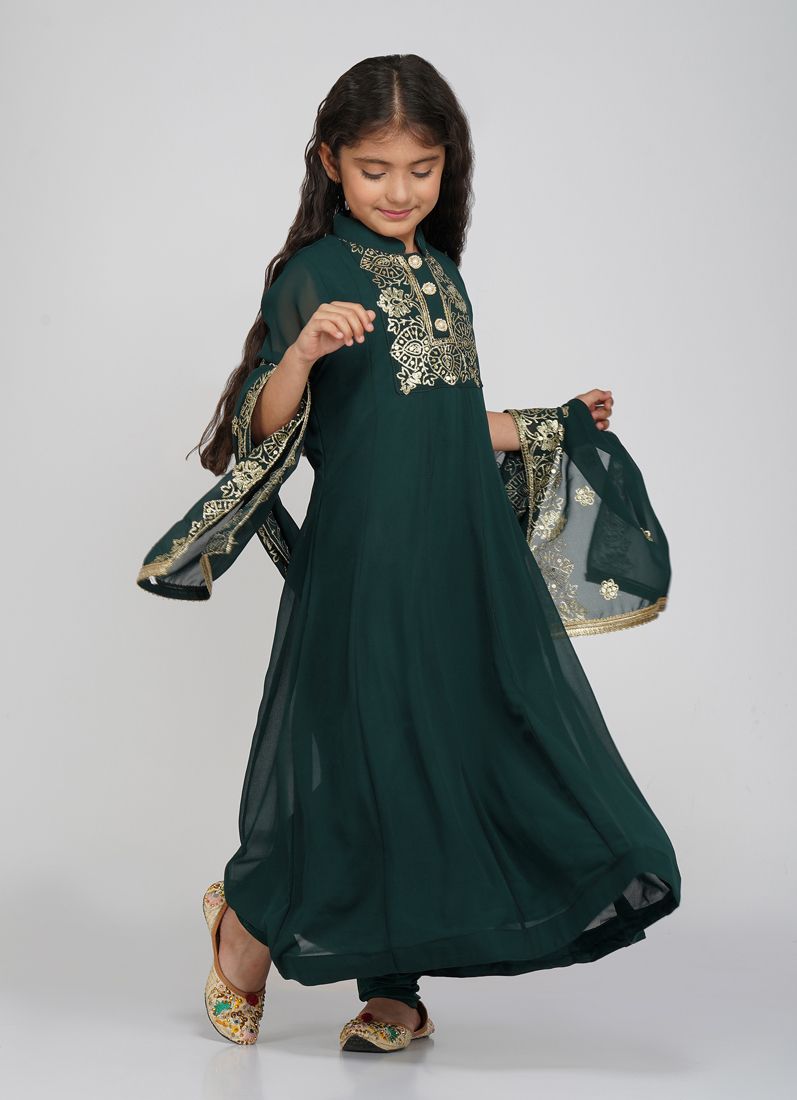 Buy Kids Dark Green Bias Cut Embroidery Suit Set