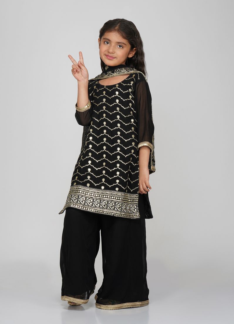 Buy Kids Black Georgette Sequin Embroidered Suit Set