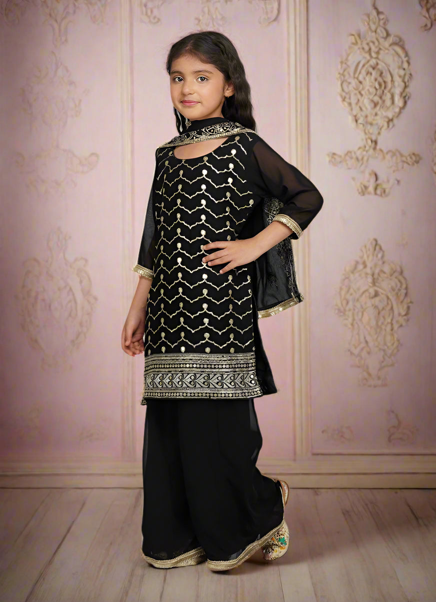 Buy Kids Black Georgette Sequin Embroidered Suit Set