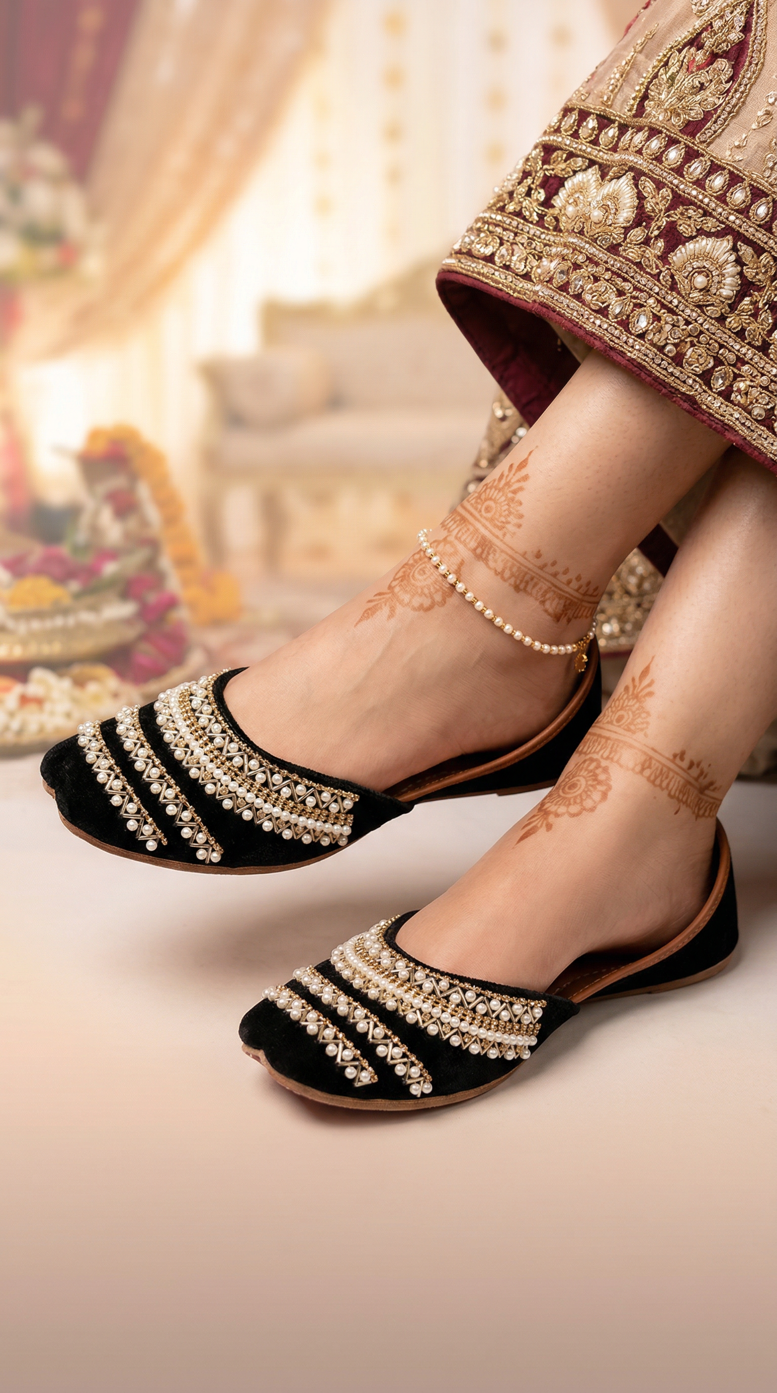 Elegant black velvet handmade Punjabi jutti with layered pearl, nalki and gold diamante embroidery for women