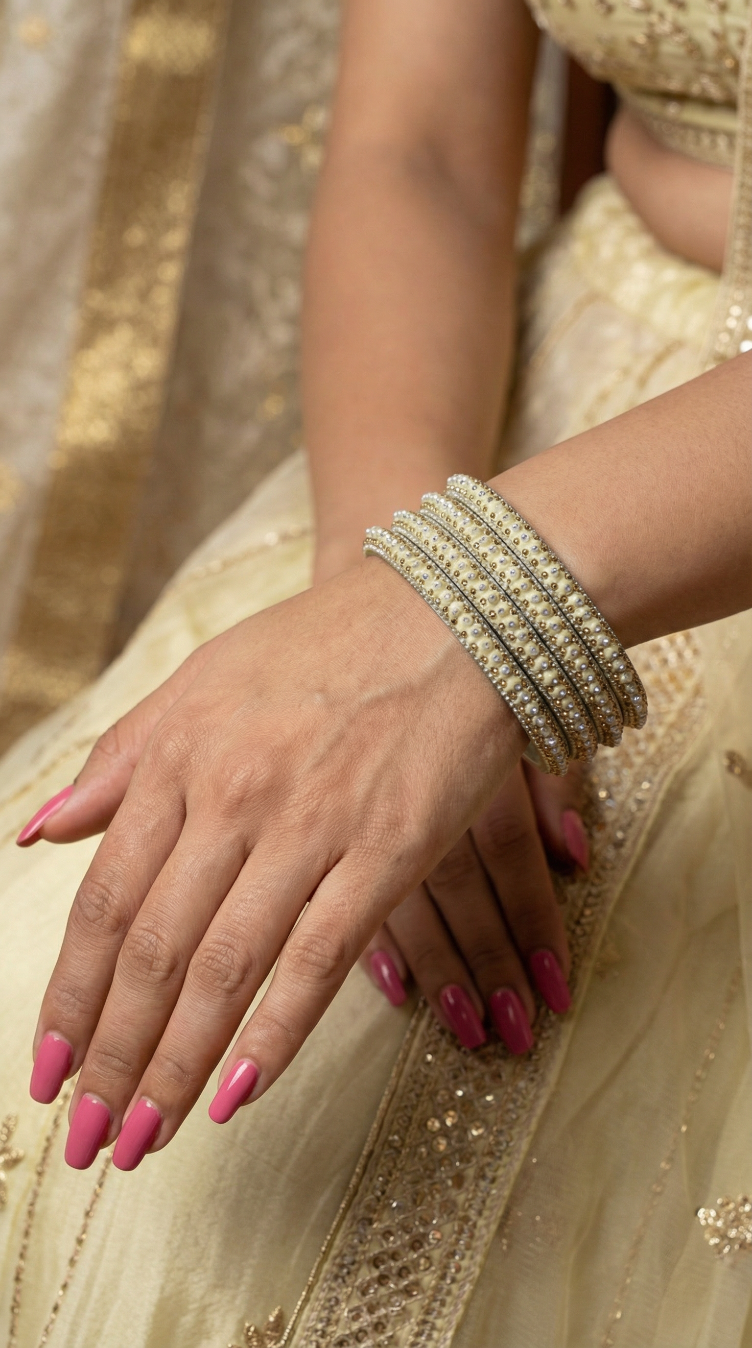Lemon Cream Enamel Bangles Diamonte & Silver Detail Wedding Jewellery Set