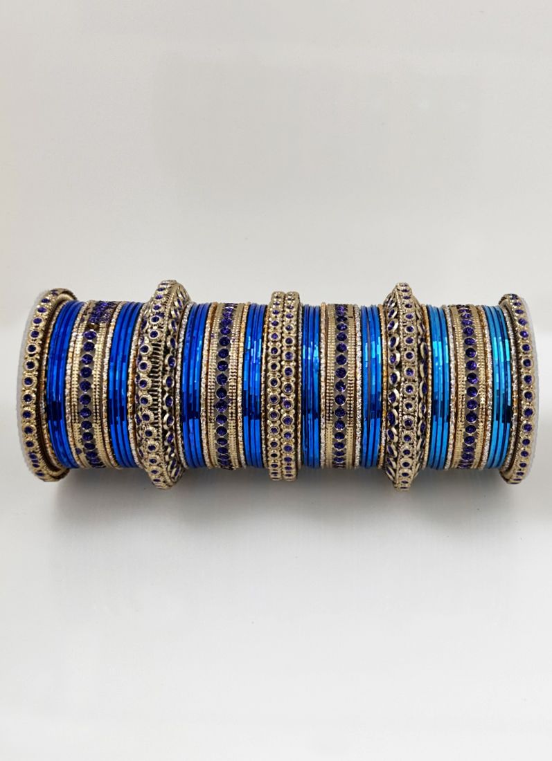 Buy Royal Blue Anitique Gold Double Bangle Set