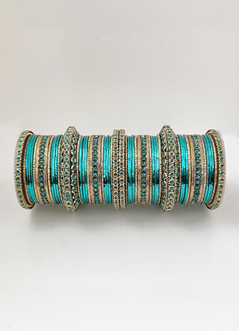 Buy Sea Green Anitique Gold Double Bangle Set