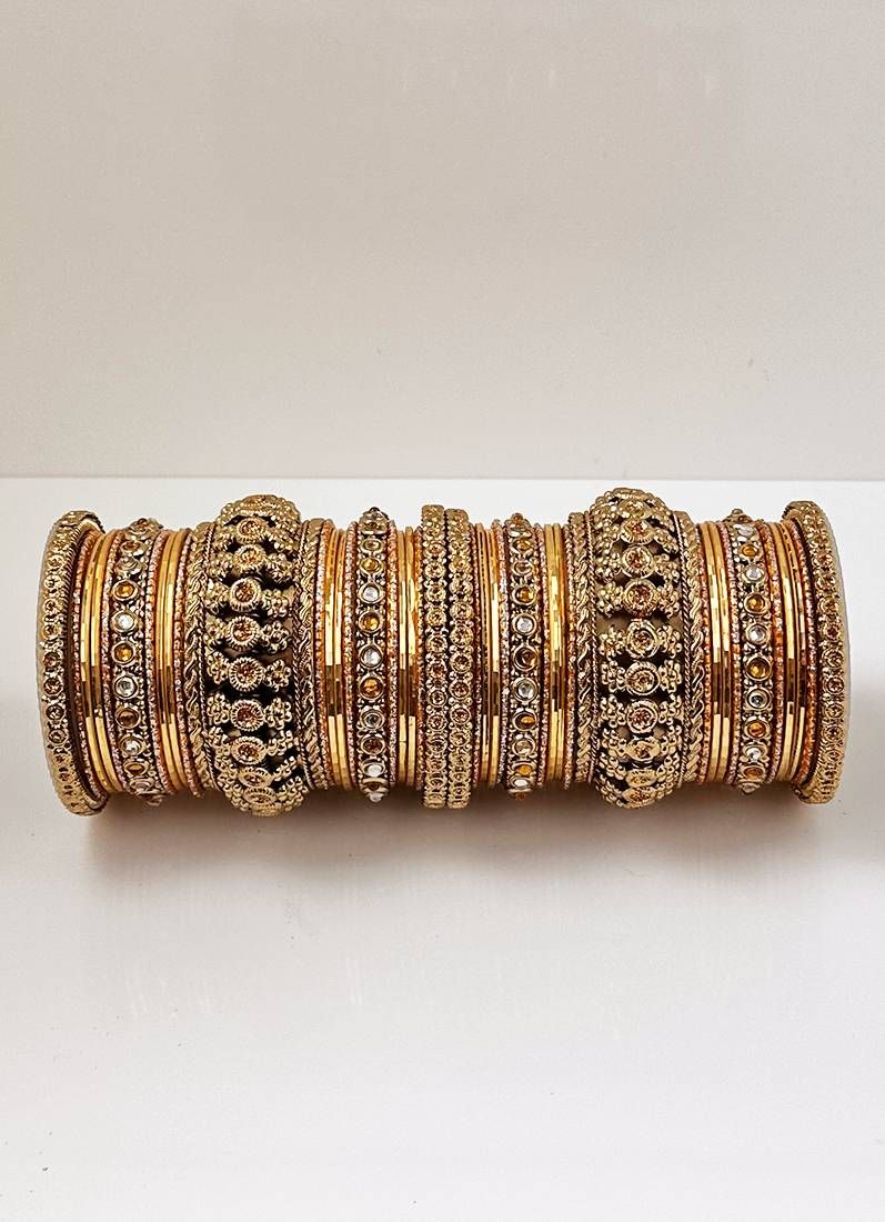 Buy Golden Anitique Kundan Double Bangle Set