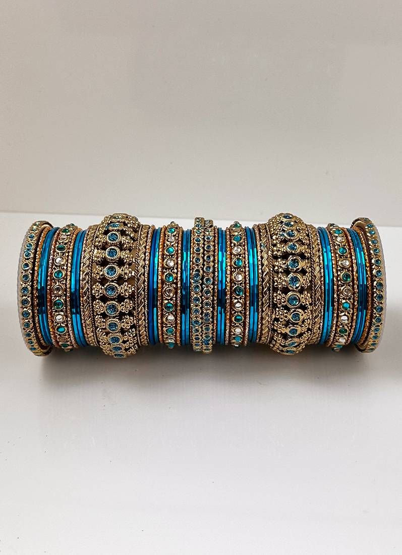 Buy Blue Kundan Double Bangle Set