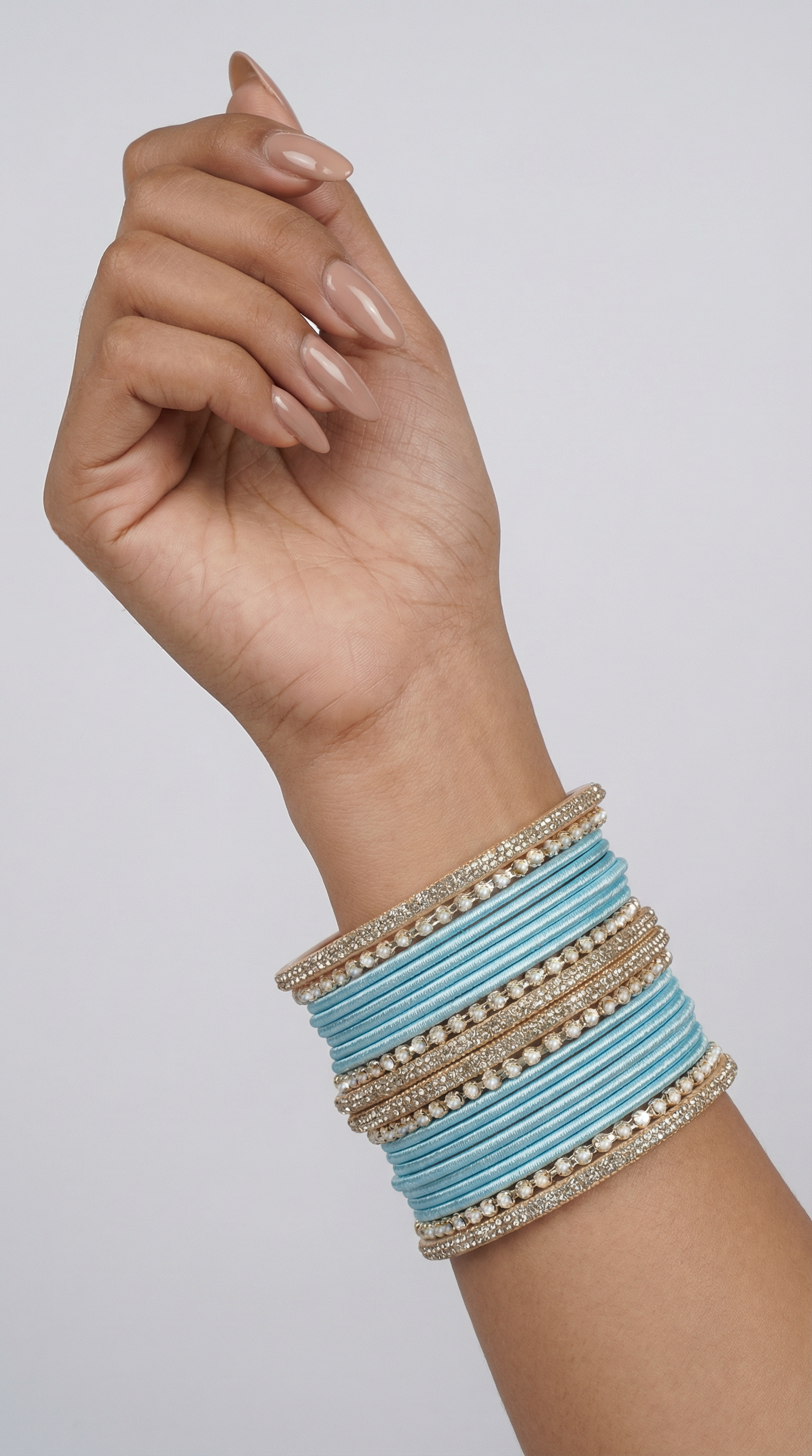 Light Blue Diamonte & Pearl Bangle Set