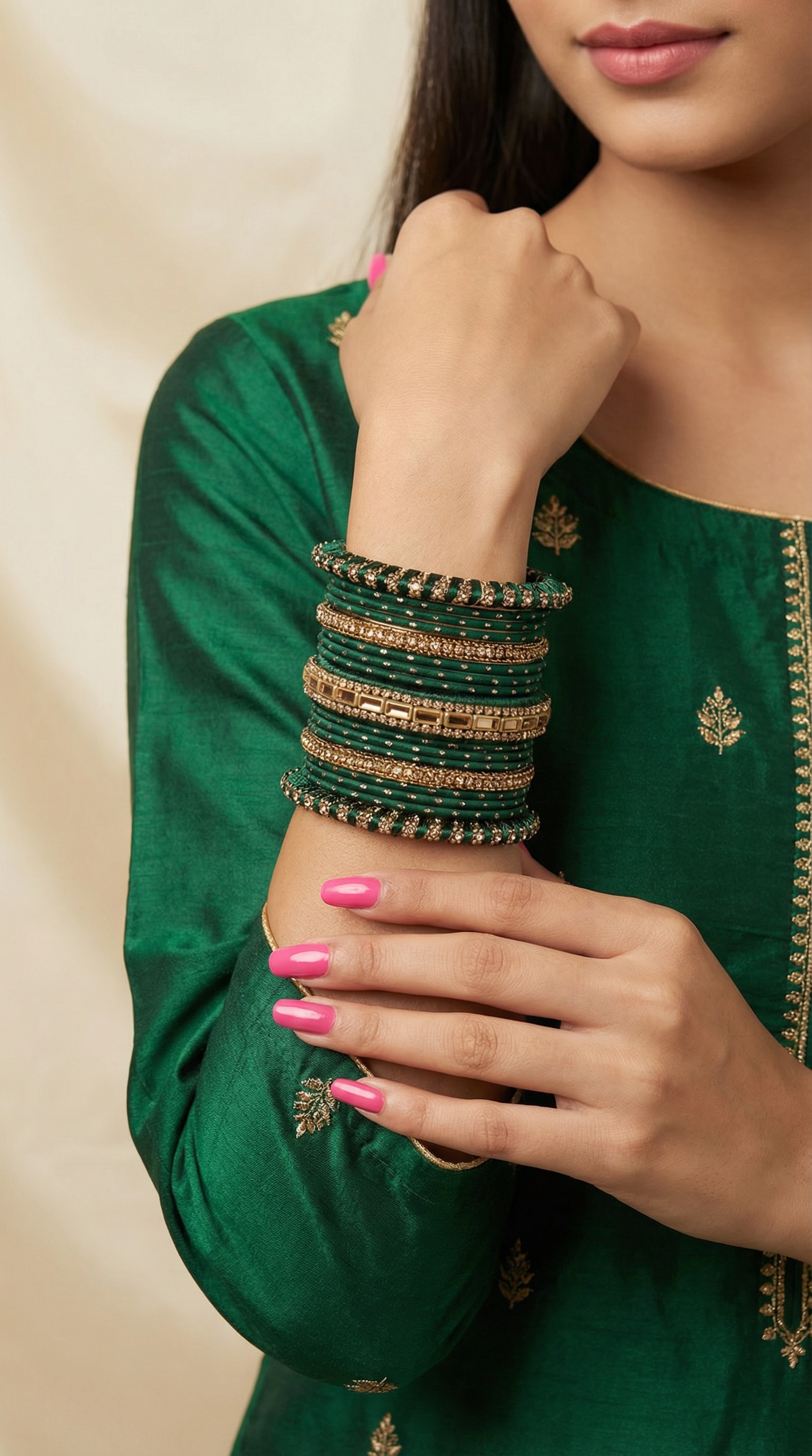 Dark Green Threadwork Bangle Set with Gold Diamonte