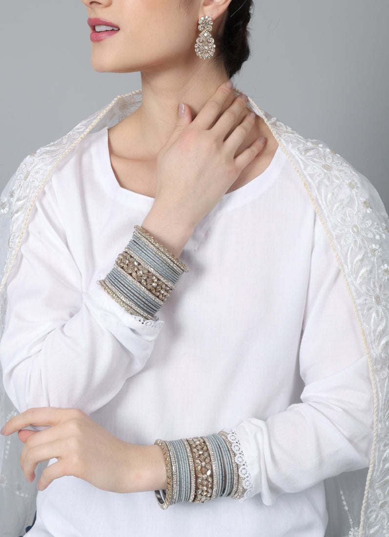 Womens Grey Diamonte Kadha Mixed Bangle Set