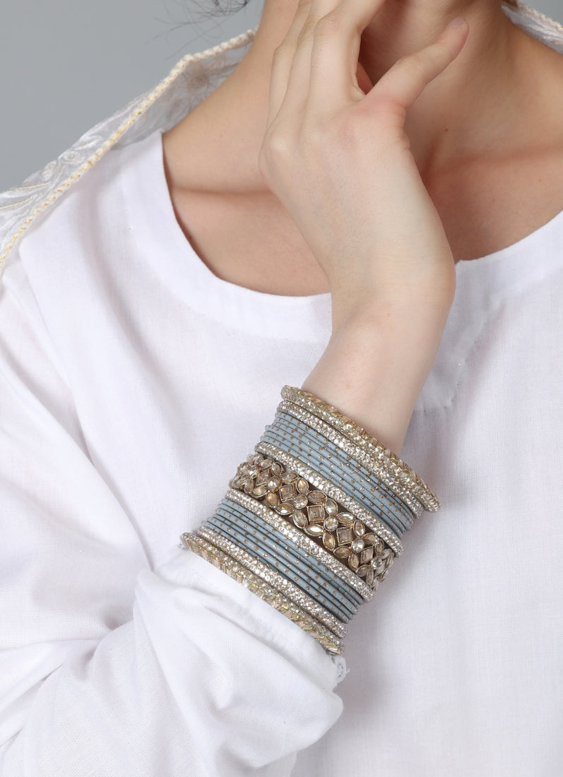 Womens Grey Diamonte Kadha Mixed Bangle Set