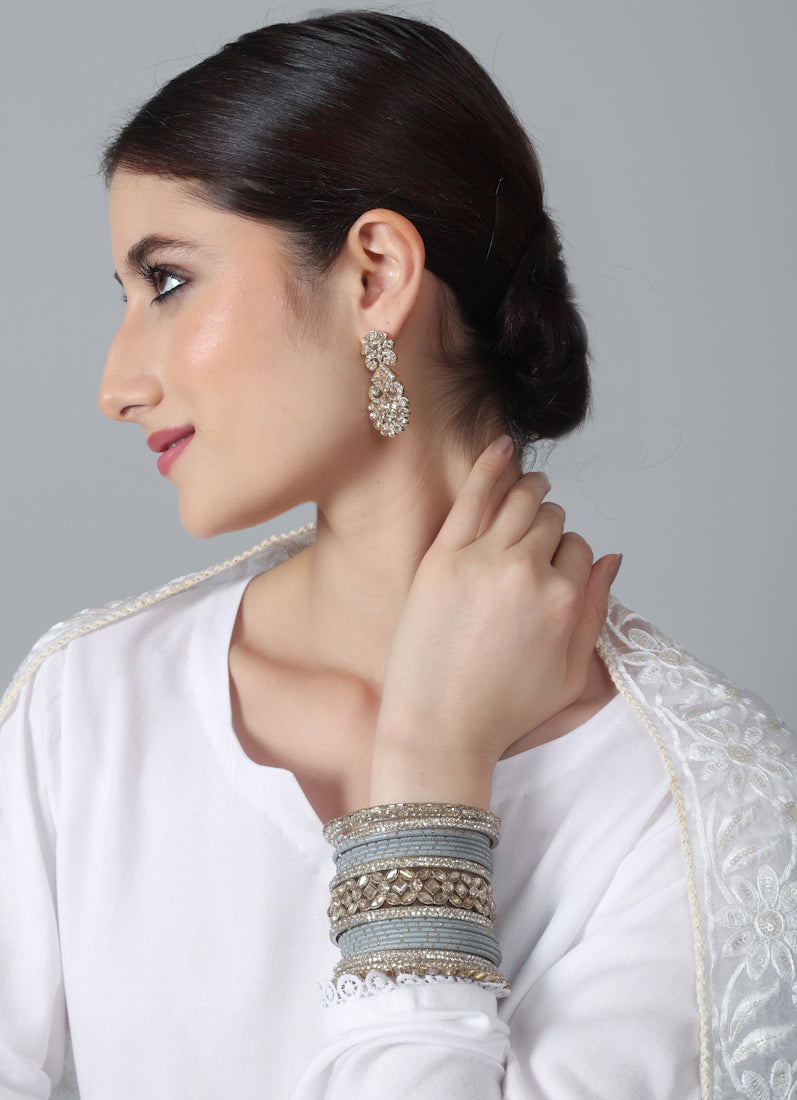 Womens Grey Diamonte Kadha Mixed Bangle Set
