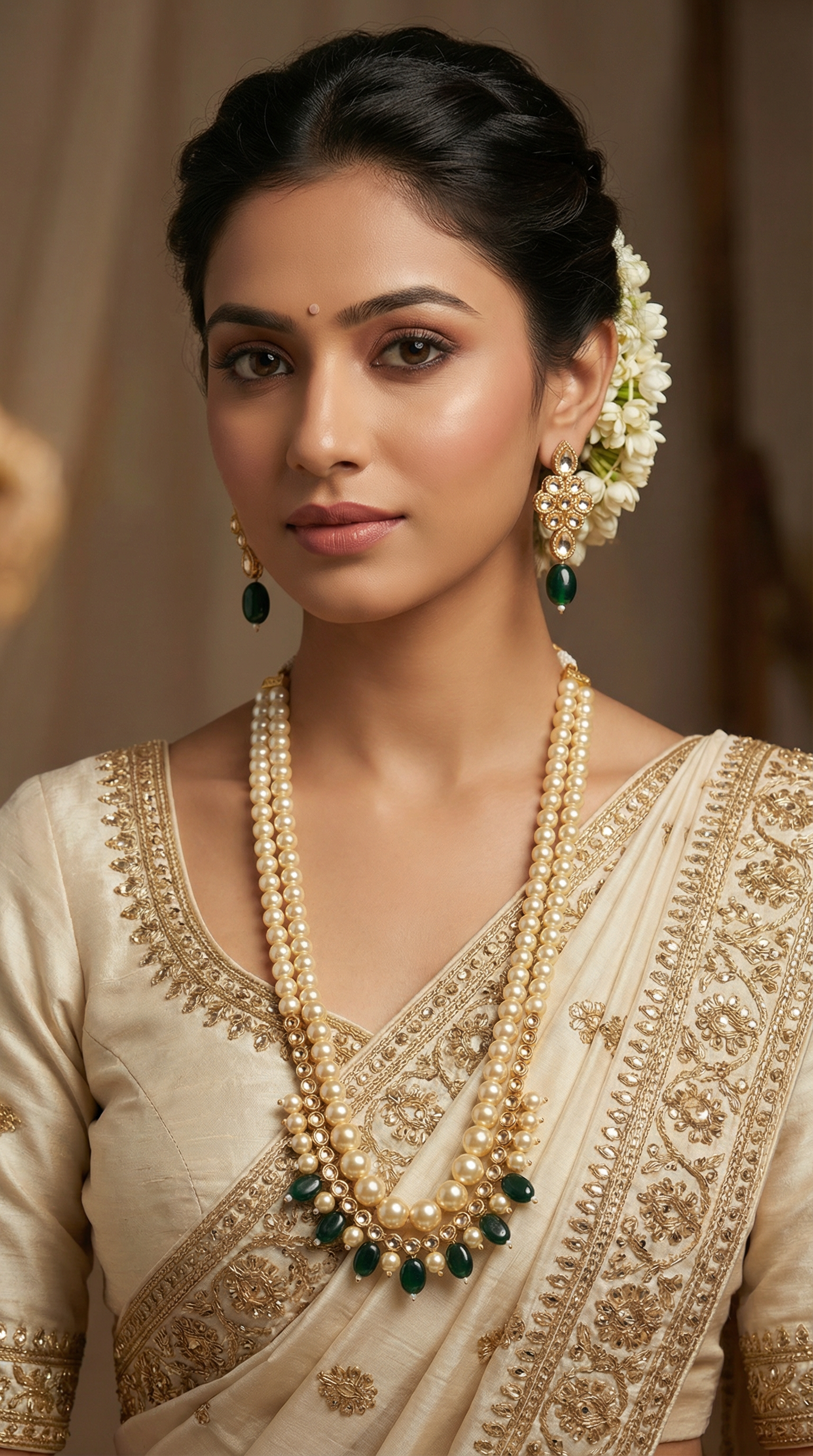 Pearl & Emerald Long Necklace and Earring Set