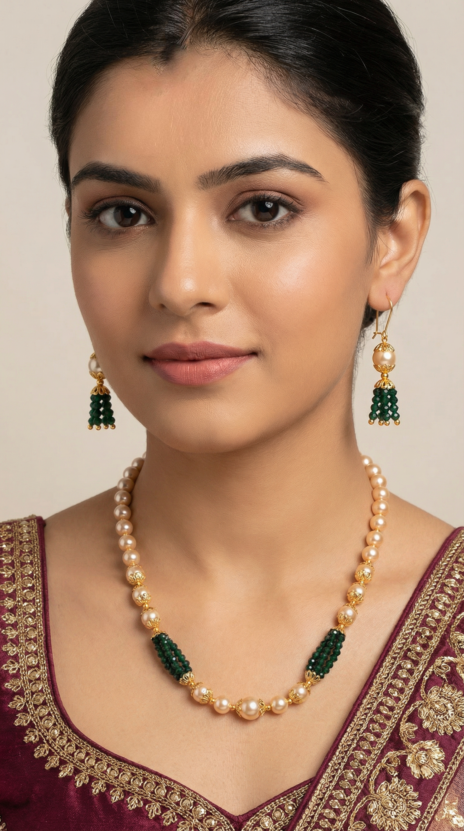 Elegant Pearl Necklace with Green Crystal Set