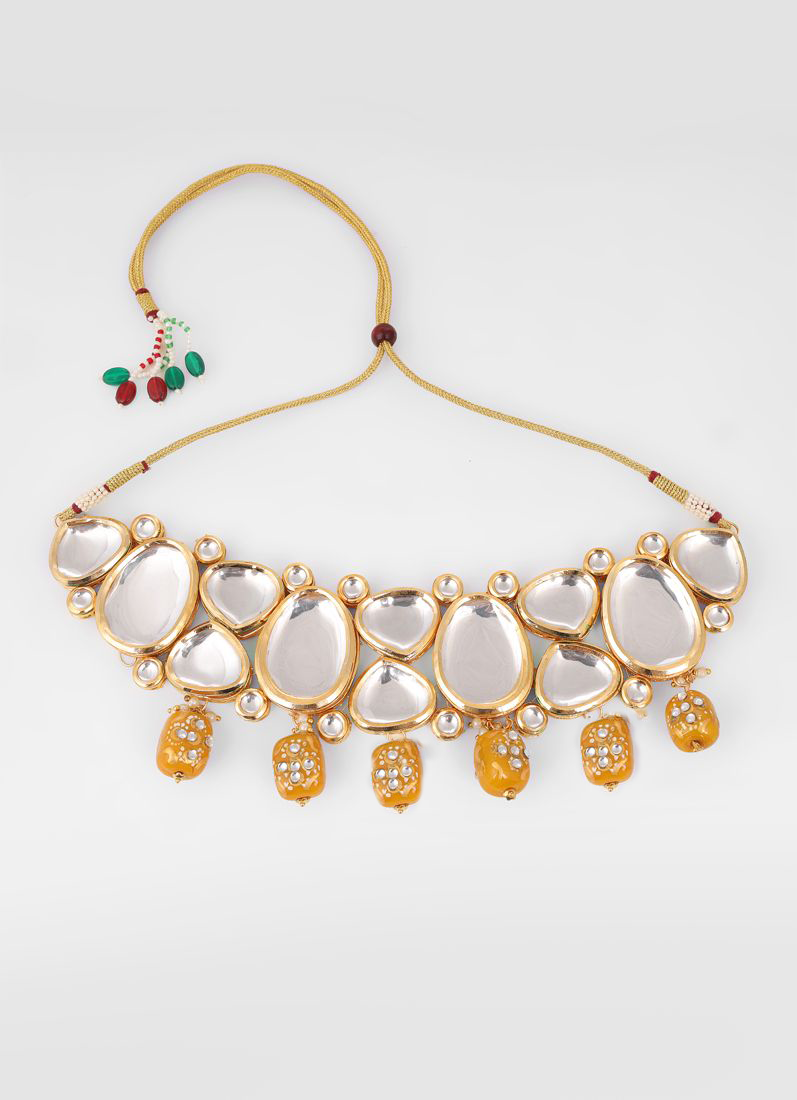 Gold-Mustard Mirror Kundan Necklace Set