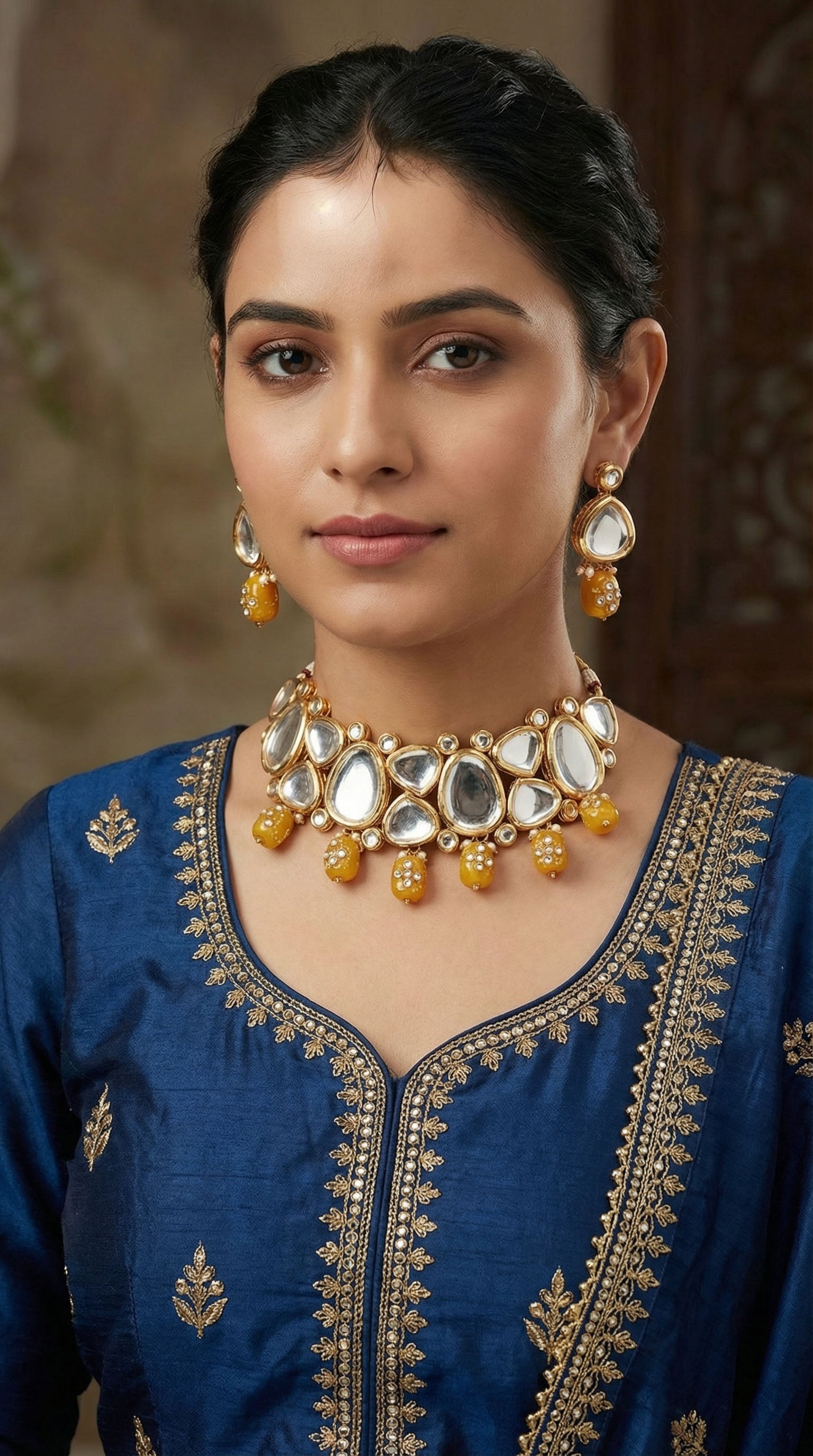 Gold-Mustard Mirror Kundan Necklace Set