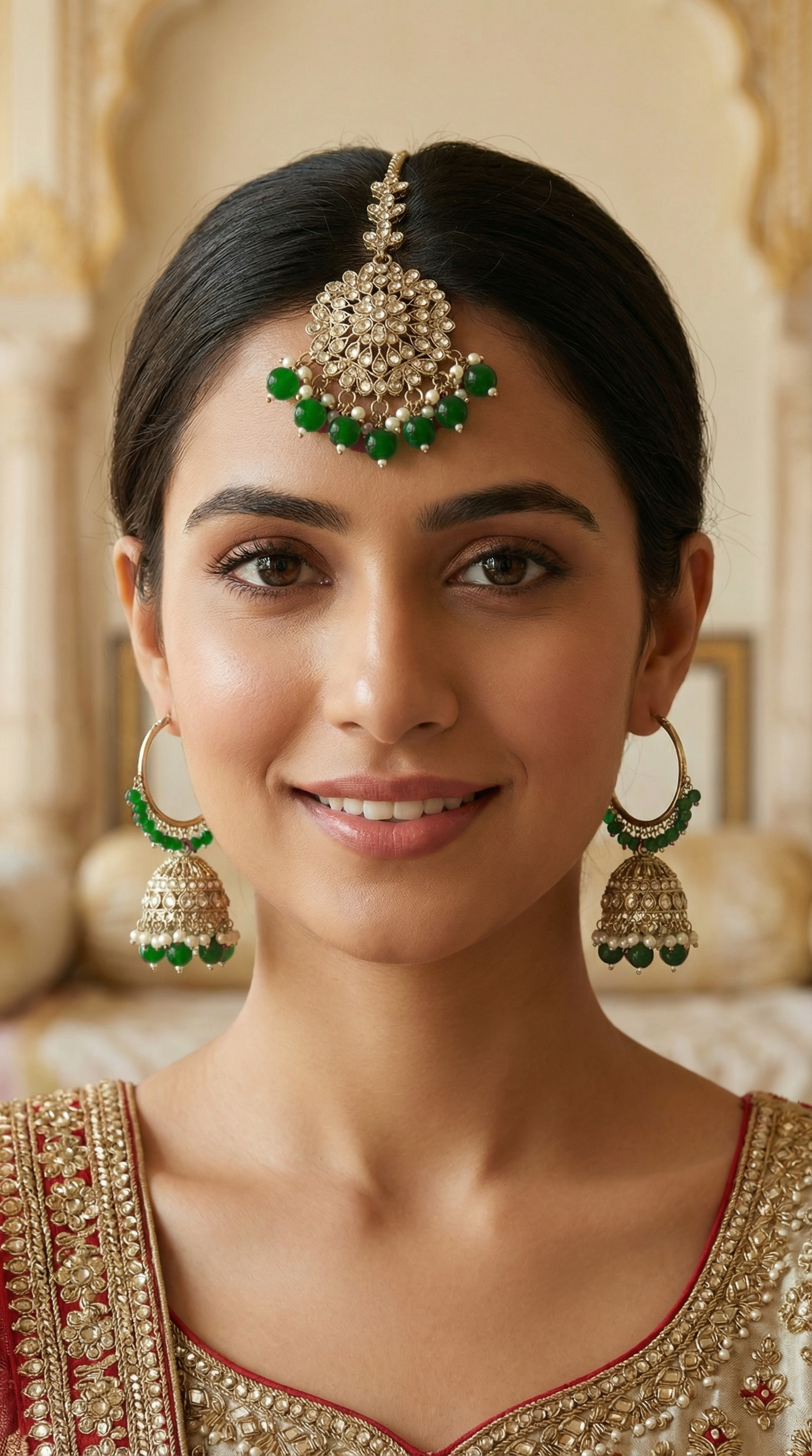 Women's Dark Green Beaded Earrings & Tikka Set