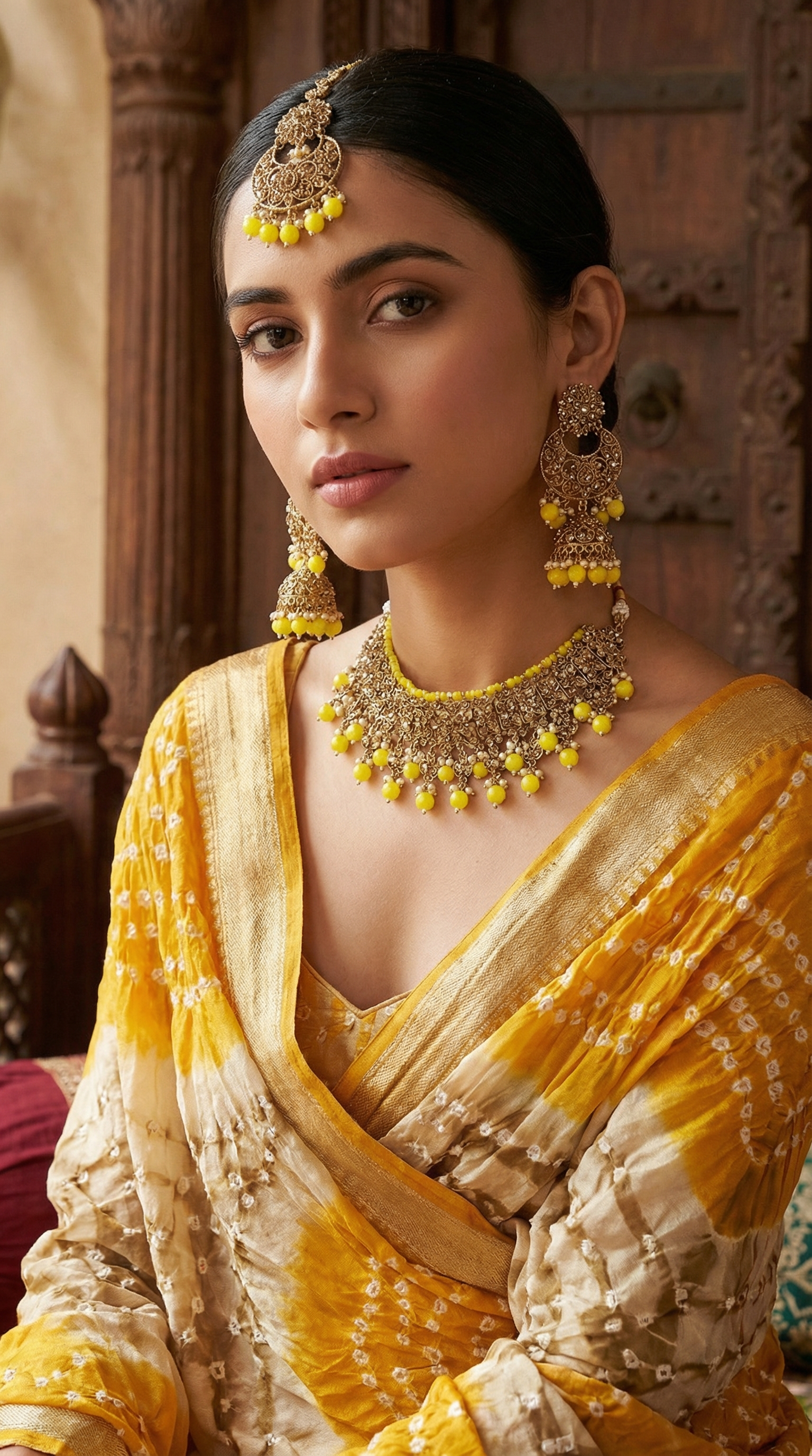 Yellow Antique Gold Choker Set with Earrings and Tikka