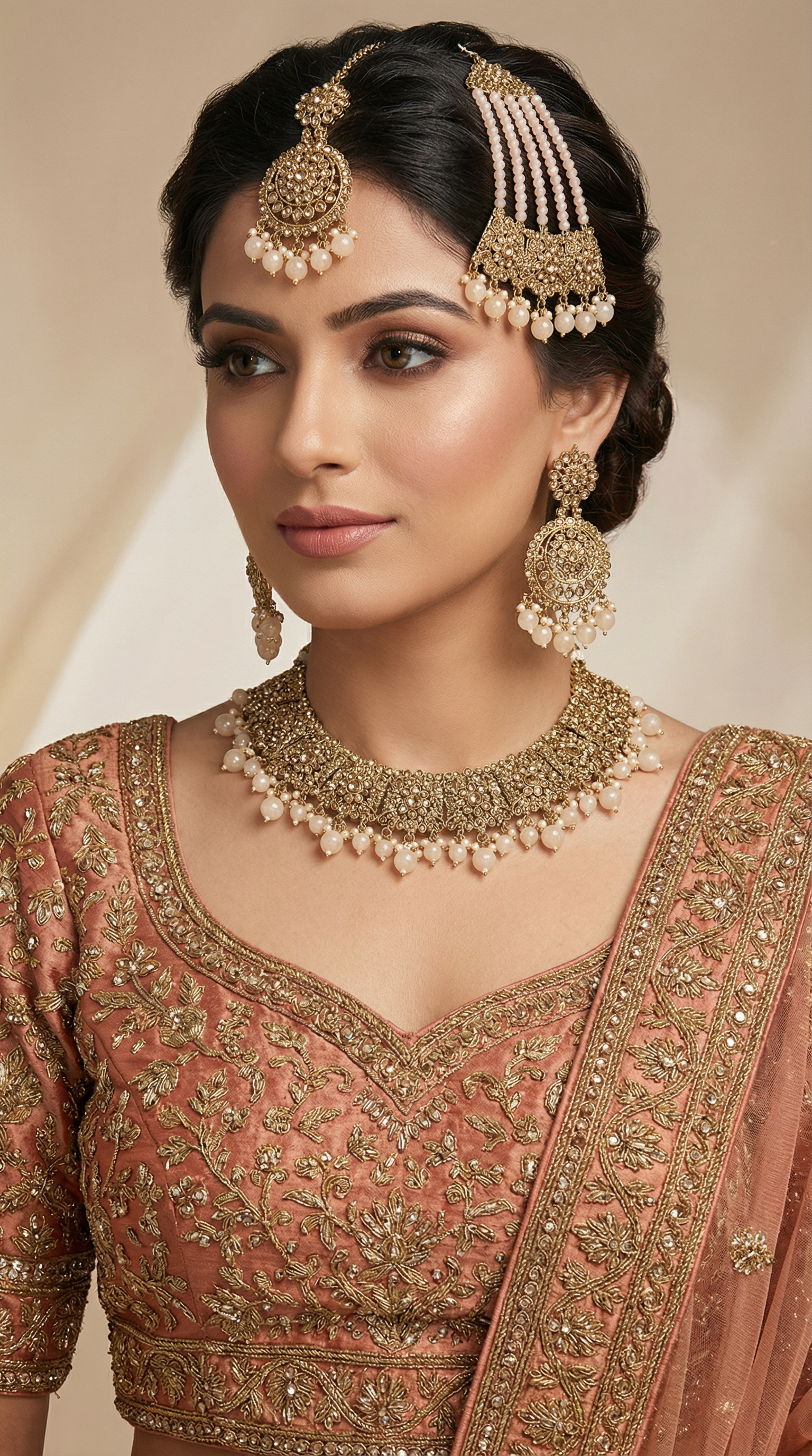 Antique Gold Diamante Peach Bridal Jewelry Set with Tikka & Passa