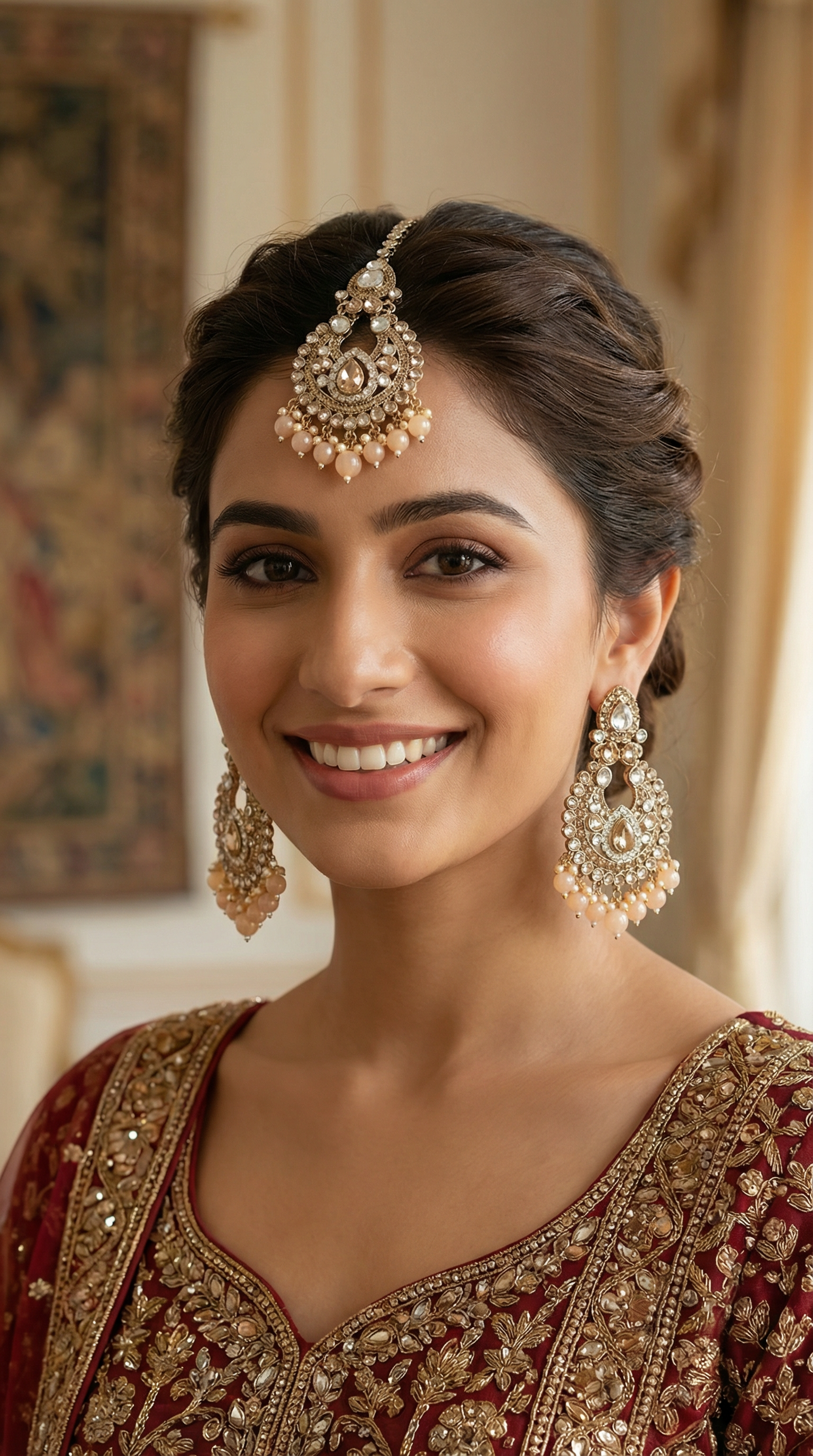 Women’s Peach Pearl Earrings & Tikka Set