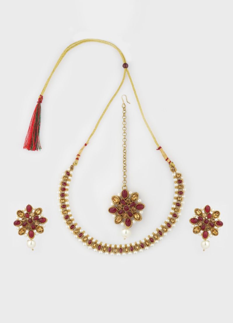 Buy Maroon Small Stone Pearl Necklace Set