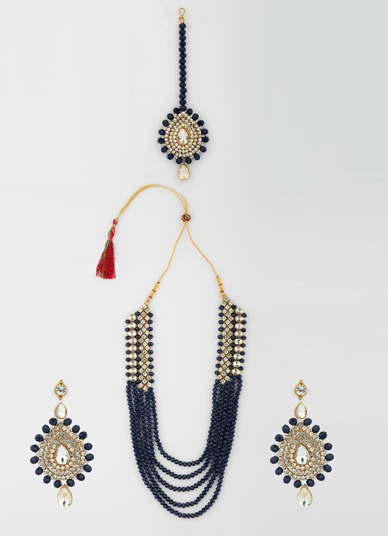 Buy Navy Blue Crystal Dimaonte Necklace Set