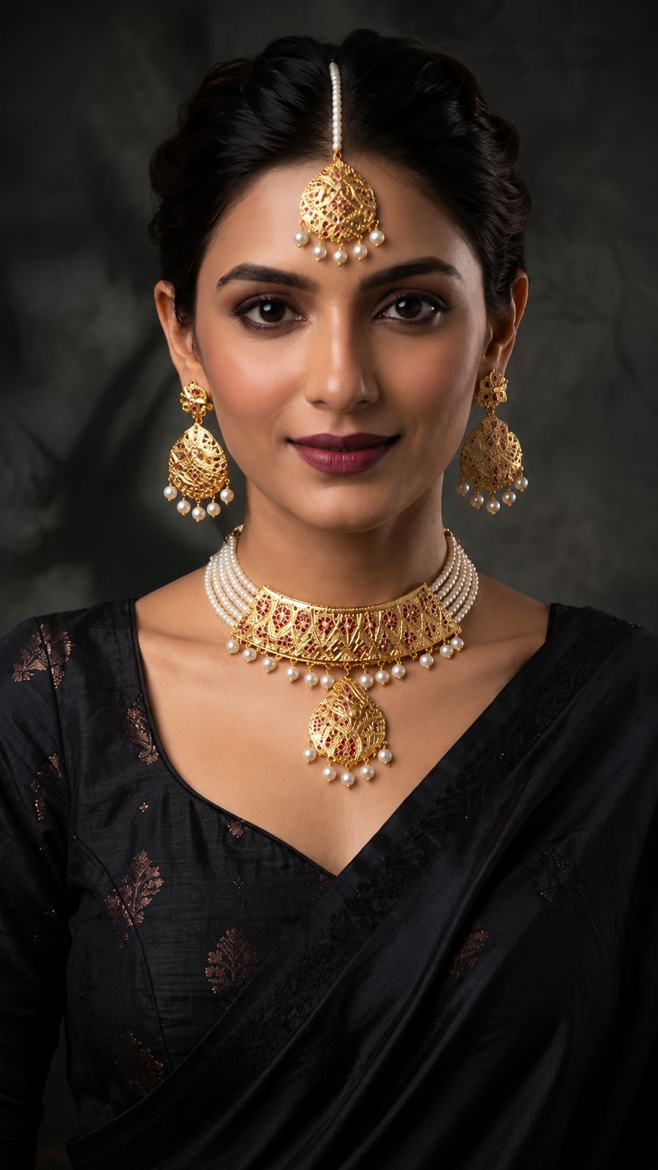 A woman wearing an ornate gold and pearl jewelry set, including a maang tikka, earrings, and a choker necklace, paired with a black sari against a dark textured background.
