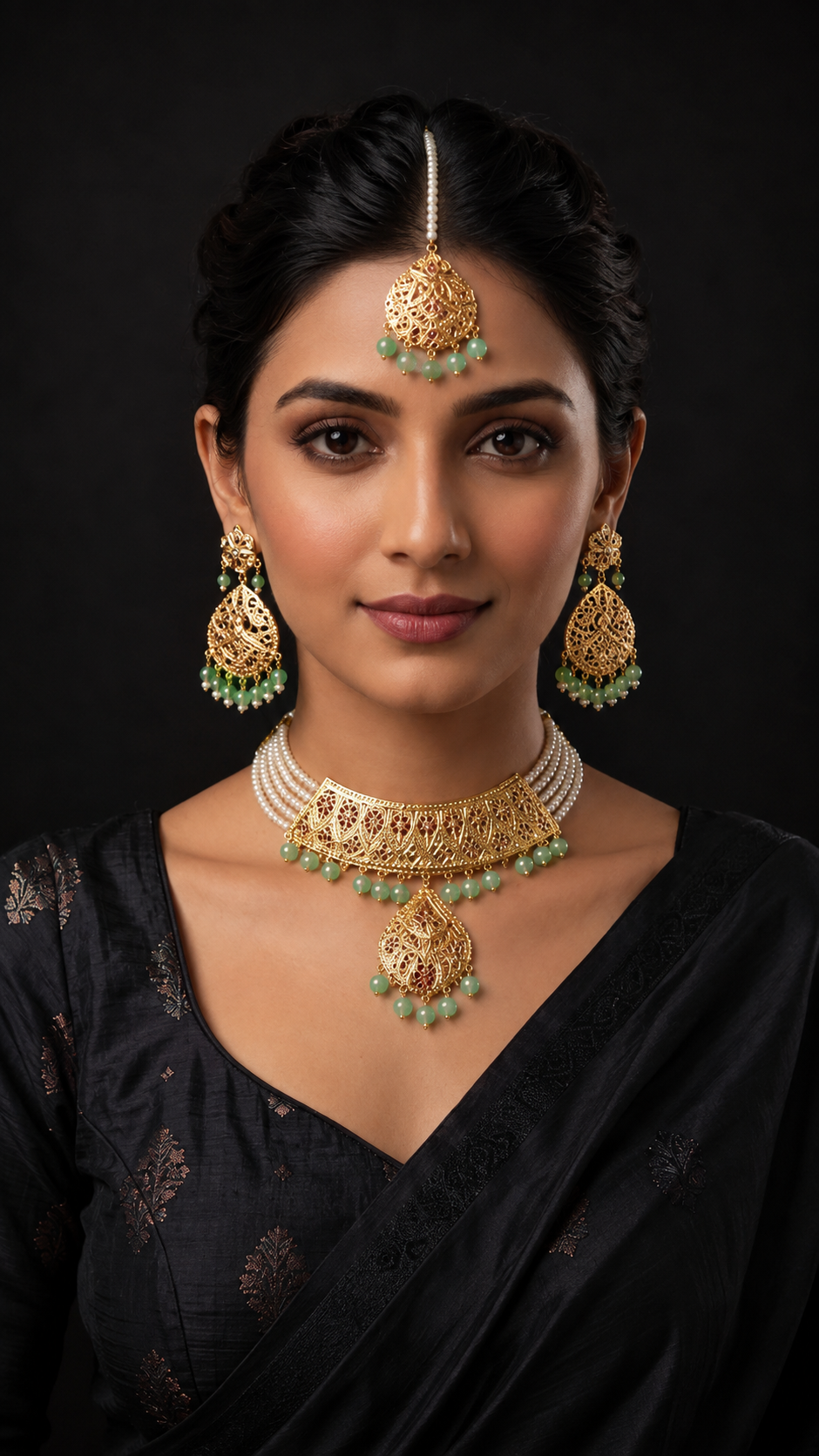 A woman wearing an ornate gold-toned traditional jewelry set with green bead accents, including a maang tikka, earrings, and choker, paired with a black sari against a dark background.