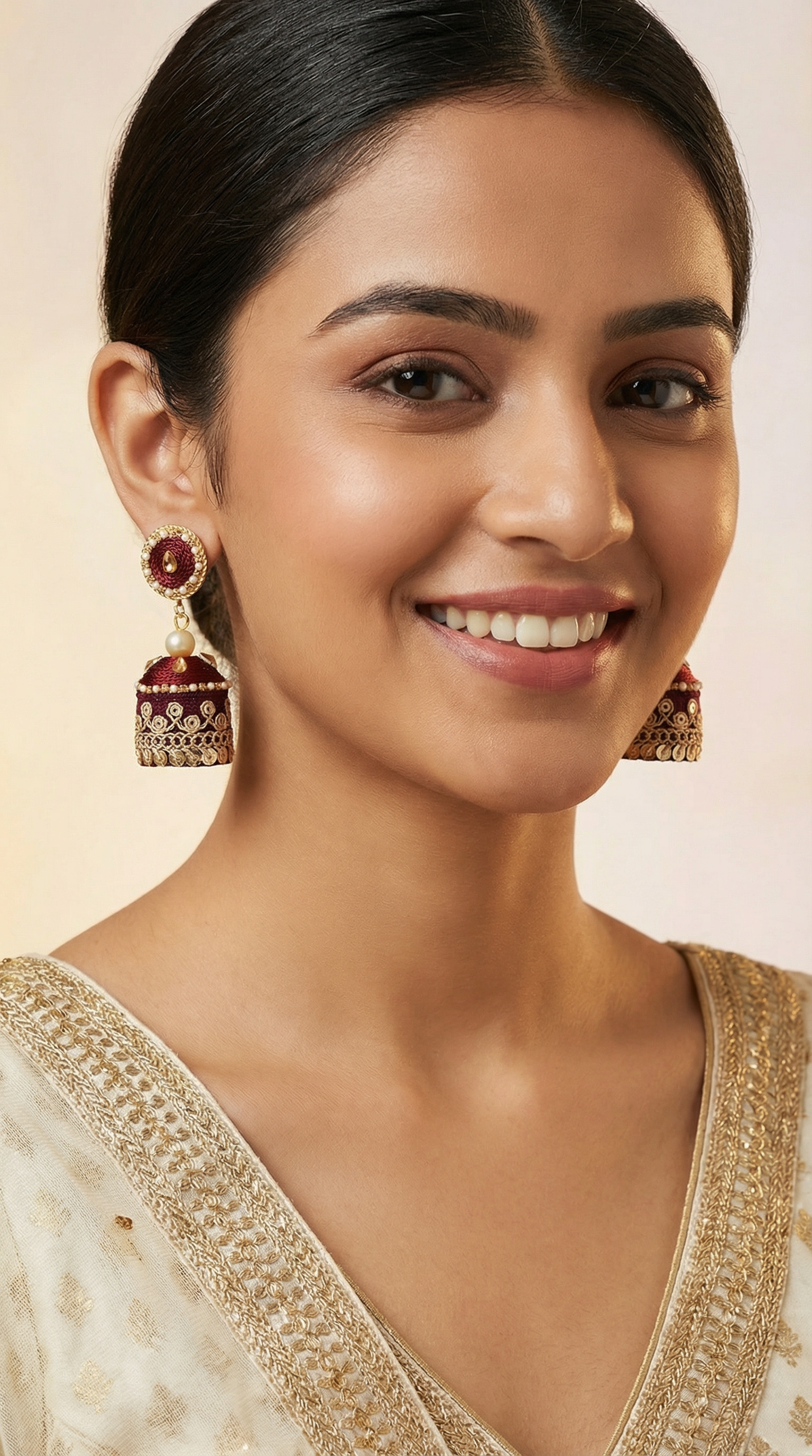 Traditional Gold & Maroon Jhumka Earrings for Women