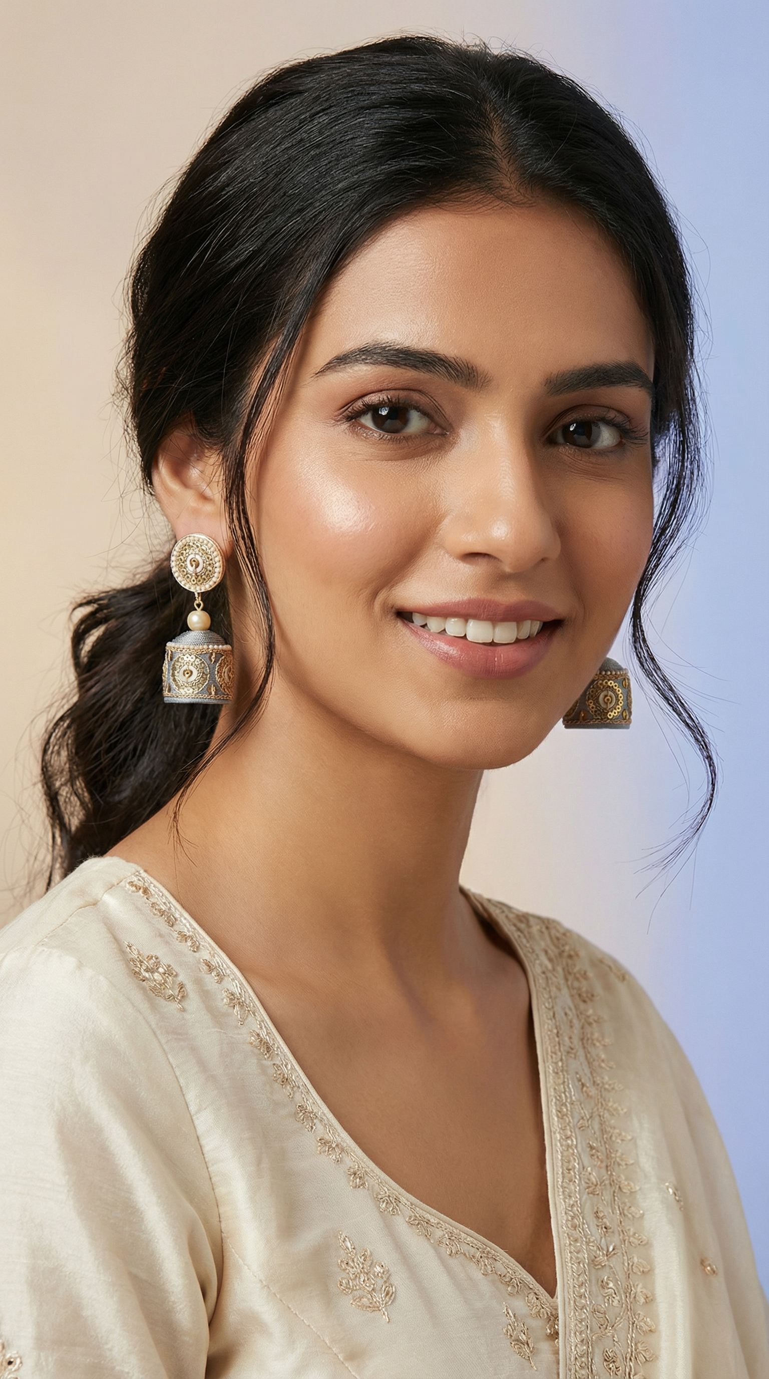 Grey Threadwork With Lace Earrings