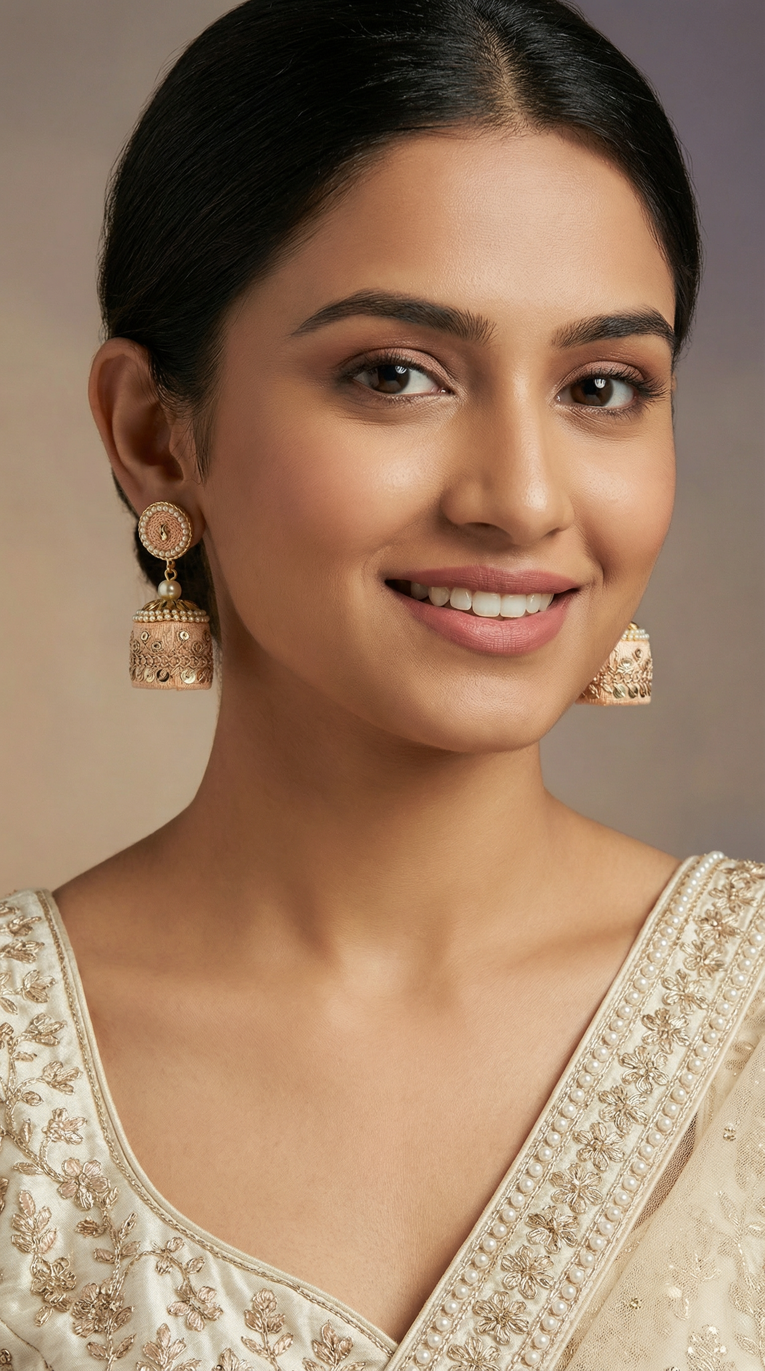 Peach Threadwork Jhumki Earrings with Pearls