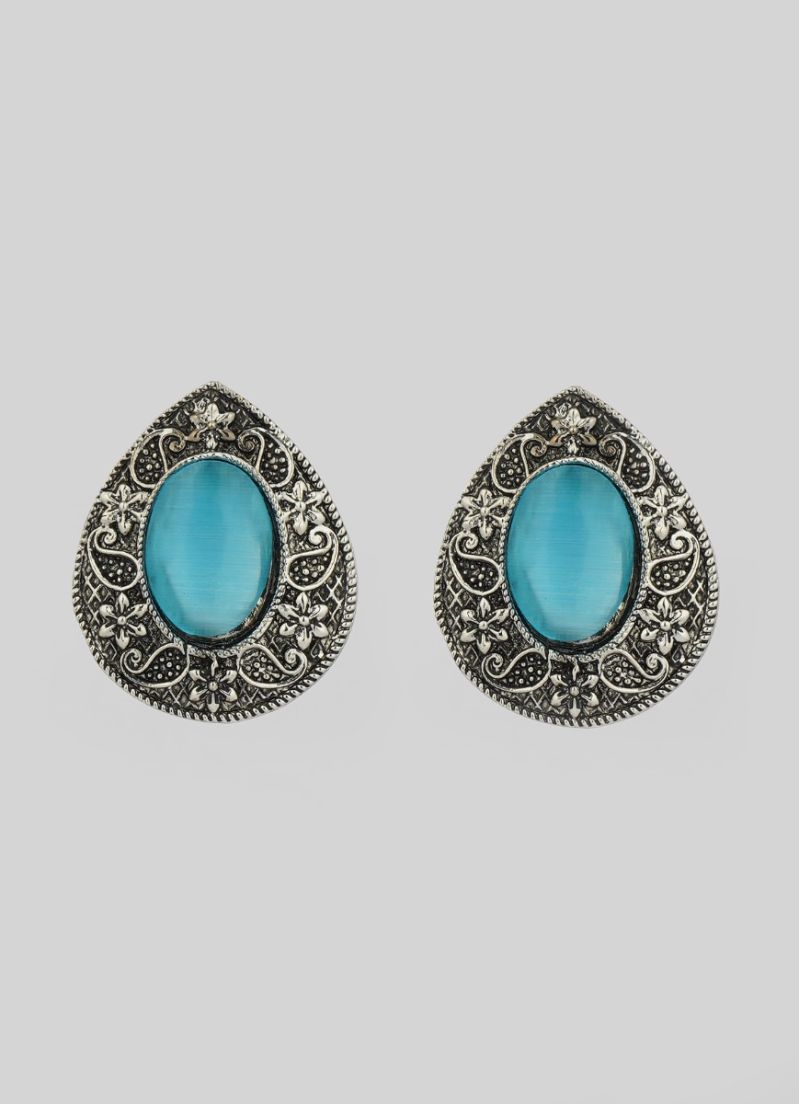 Buy Silver Oxidised Blue Stone Earrings