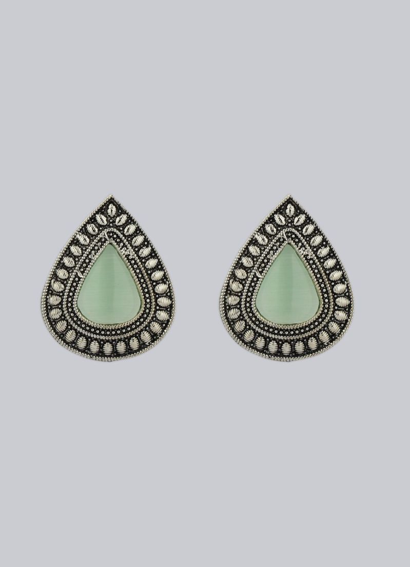 Buy Silver Oxidised Mint Green Stone Earrings