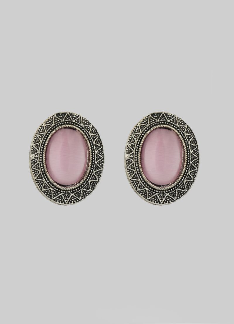 Buy Silver Oxidised Lilac Stone Earrings