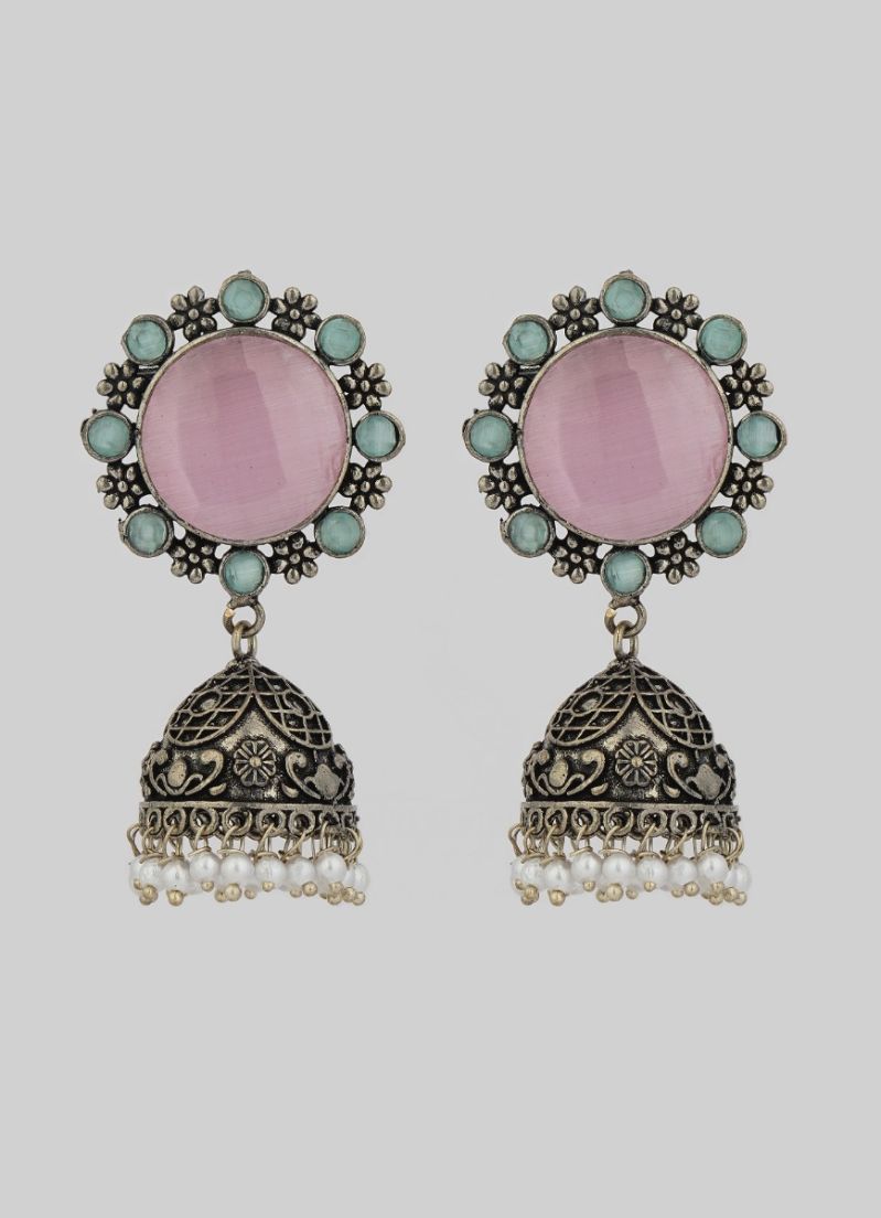 Buy Silver Oxidised Pink Stone Jumki
