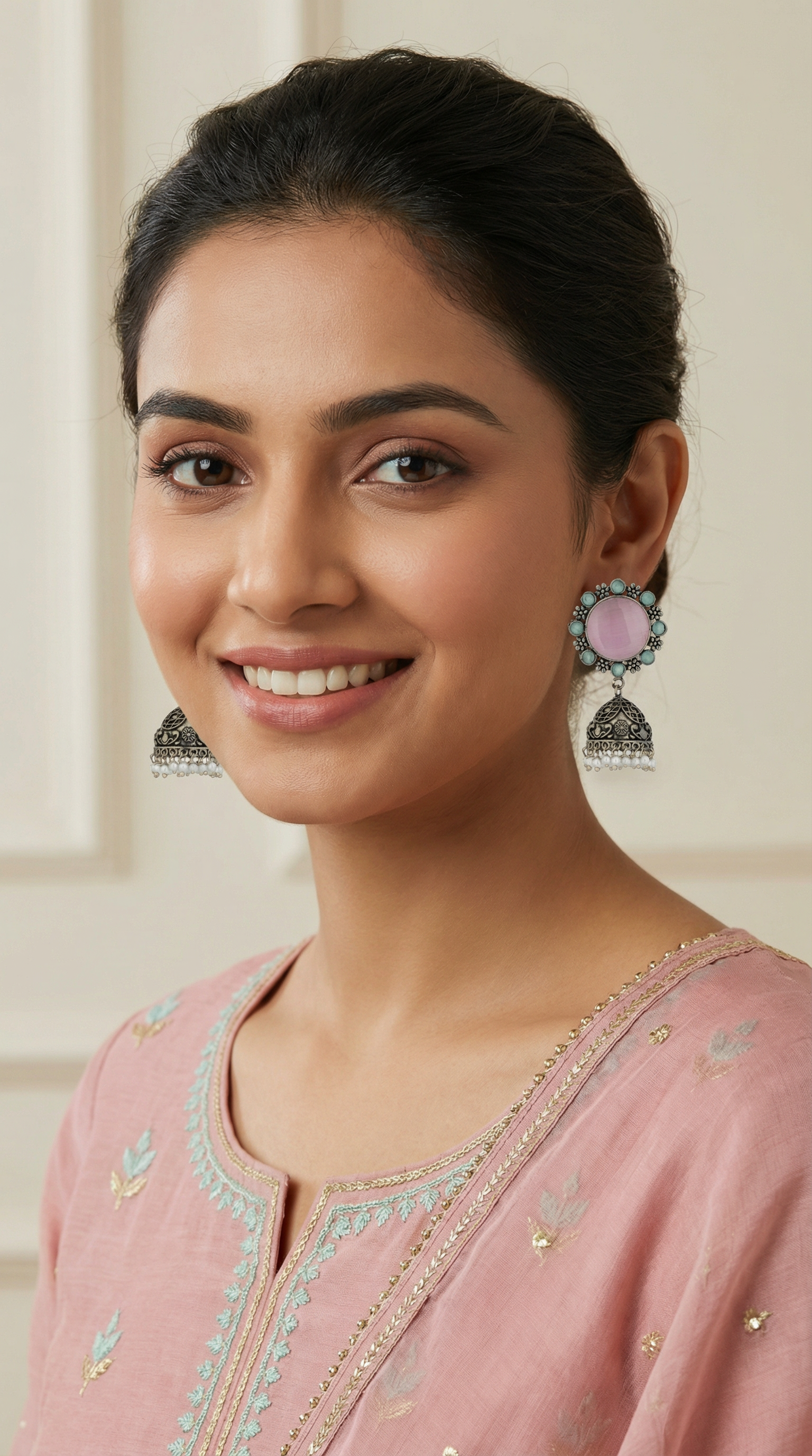 Rose Pink Cat’s Eye Stud Earrings in Oxidised Silver with Teal Stones