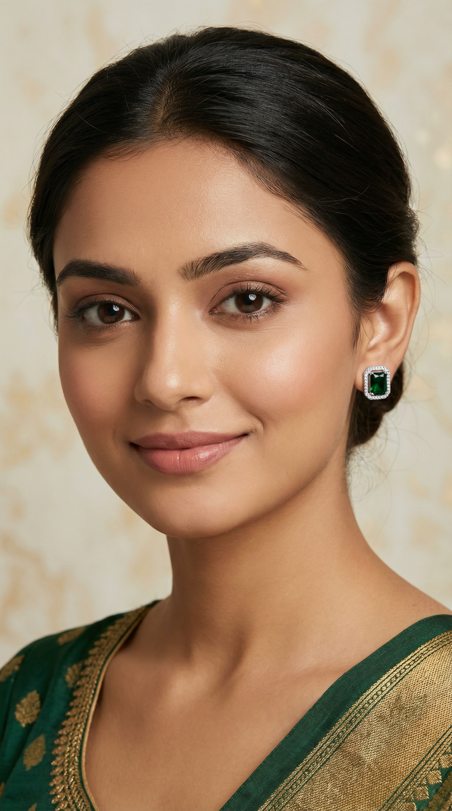 Emerald Green Stone and Diamante Stud Earrings