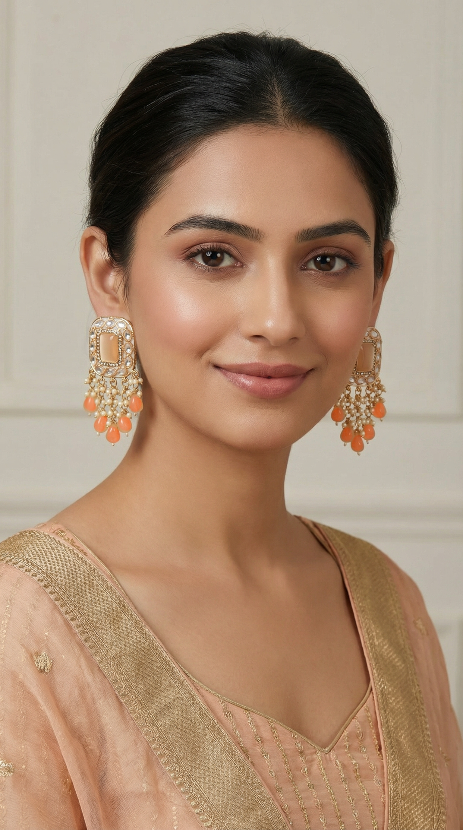 Peach Diamante Pearl Jumki Earrings with Cat’s Eye Stud