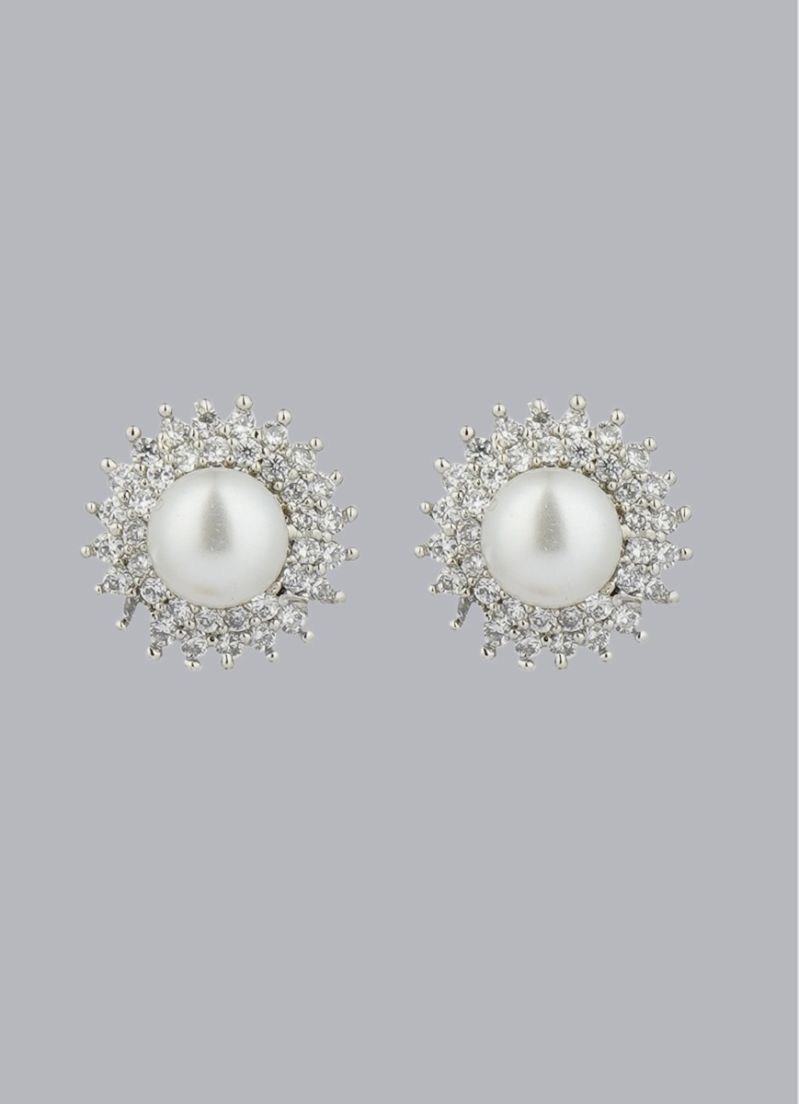 Buy Silver Pearl Diamonte Stud Earrings