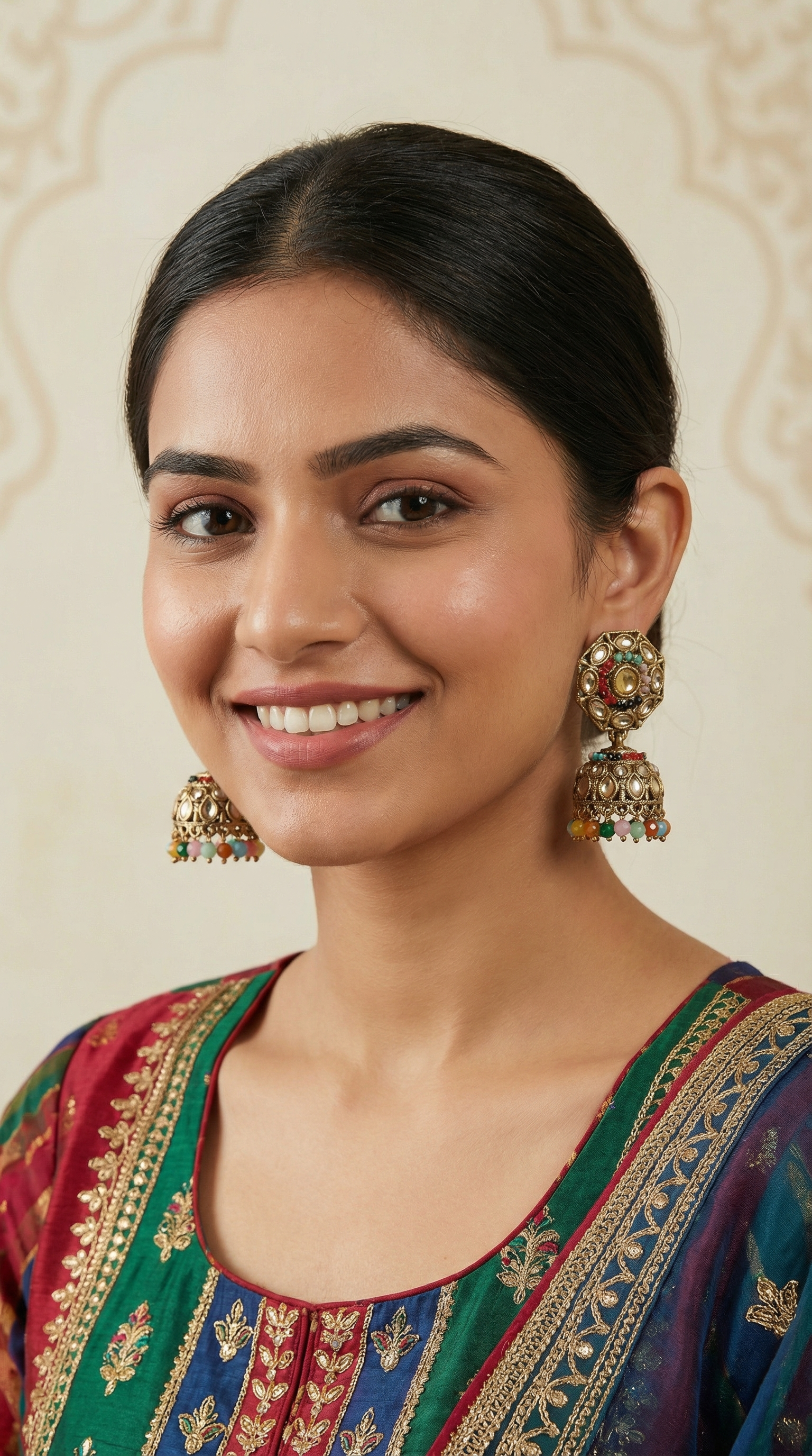 Multi-colour AD jumka earrings with diamante stones and multi-beaded danglers worn with traditional outfit