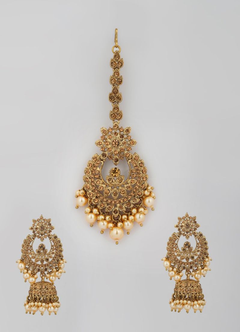 Buy Gold Crystal Pearl Jumki and Tikka Set